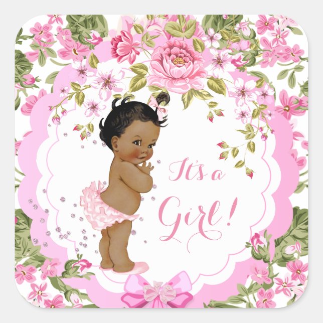 Sweet Pink Floral Rose Baby Shower Girl Ethnic Quadratischer Aufkleber (Vorderseite)