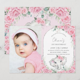 Sweet Pink Floral Rose Elephant Birthday Foto Einladung