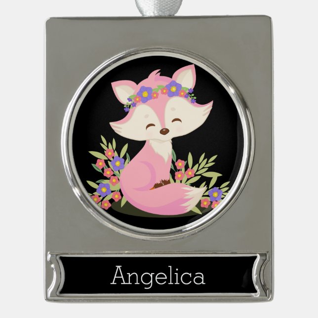 Sweet Pink Fox Personalisiert Banner-Ornament Silber (Vorderseite)