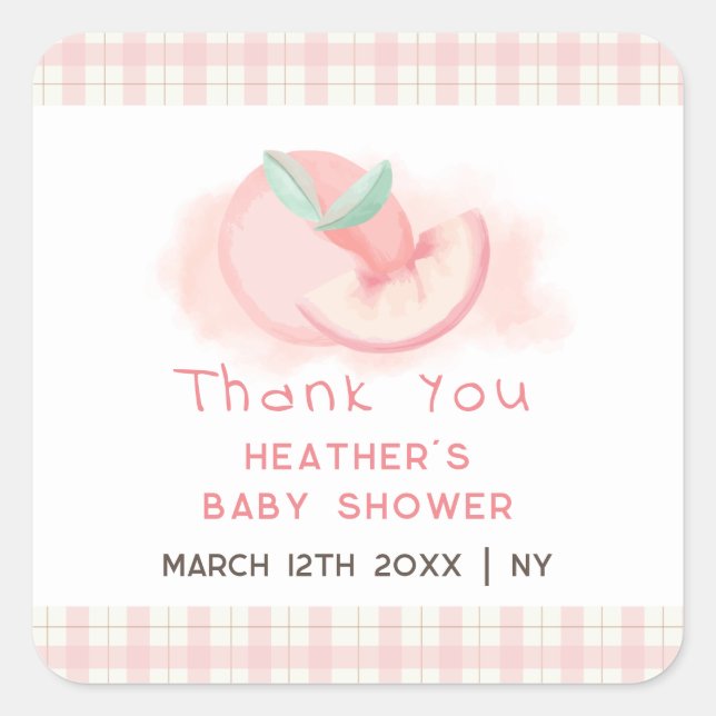 Sweet Pink Gingham Peach Baby Dusche Vielen Dank Quadratischer Aufkleber (Vorderseite)