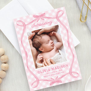 Sweet Pink Gingham Ribbon Bow Geburtsankündigung Einladung