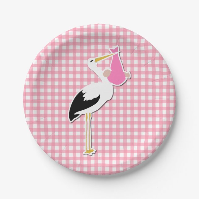 Sweet Pink Gingham und Stork Baby Shower Plate Pappteller (Vorderseite)