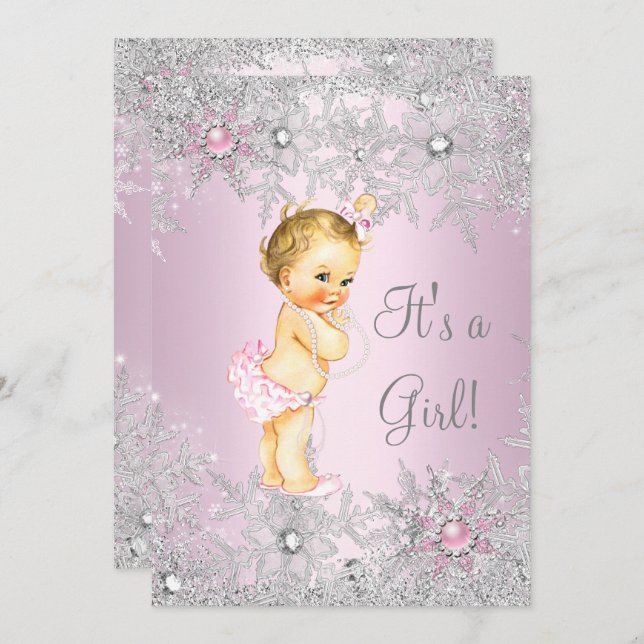 Sweet Pink Girl Girl Babydusche Snowflake Blonde Einladung (Vorne/Hinten)