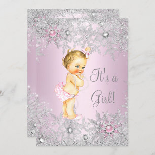 Sweet Pink Girl Girl Babydusche Snowflake Blonde Einladung
