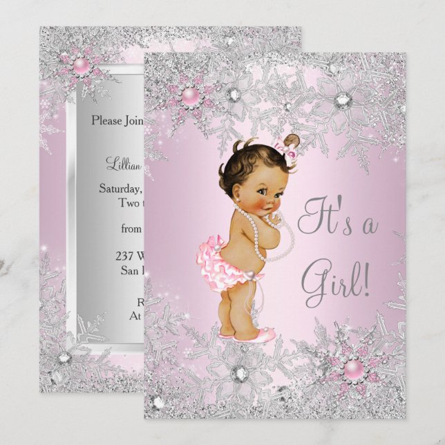 Sweet Pink Girl Girl Kinderdusche Schneeflocke Win Einladung (Vorne/Hinten)