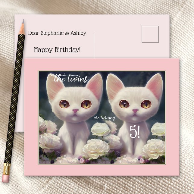 Sweet Pink Girly Kitten Twin Birthday Postcard Postkarte (Von Creator hochgeladen)