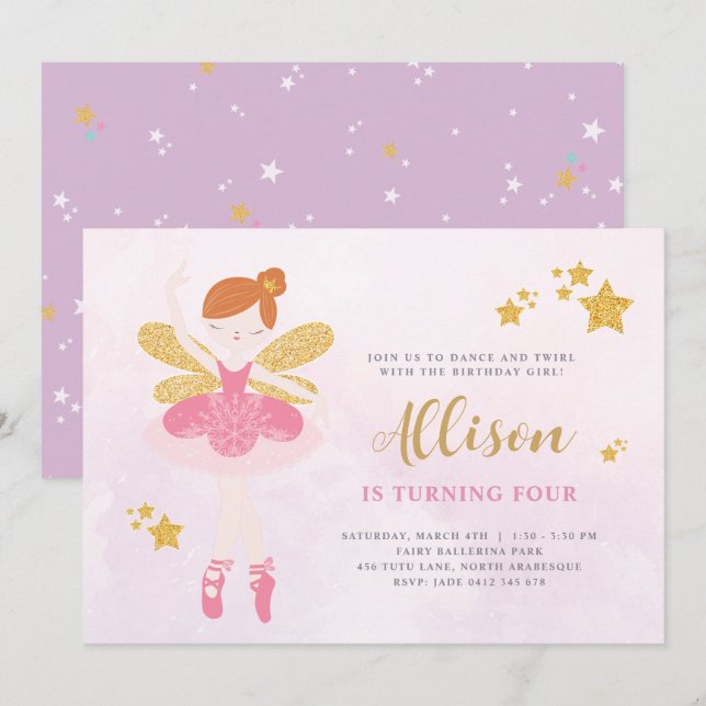 Sweet Pink & Gold Ballerina Fairy Birthday Einladu Einladung (Vorne/Hinten)