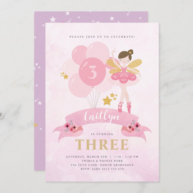 Sweet Pink & Gold Ballerina Fairy Birthday Einladung (Vorne/Hinten)