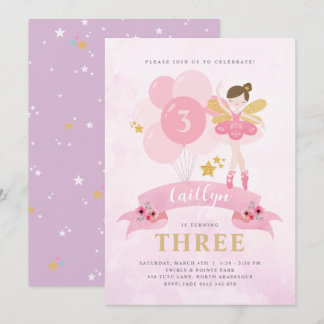 Sweet Pink & Gold Ballerina Fairy Birthday Einladung