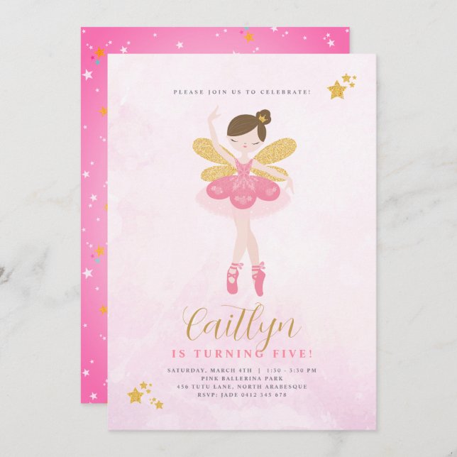 Sweet Pink & Gold Ballerina Fairy Birthday Einladung (Vorne/Hinten)