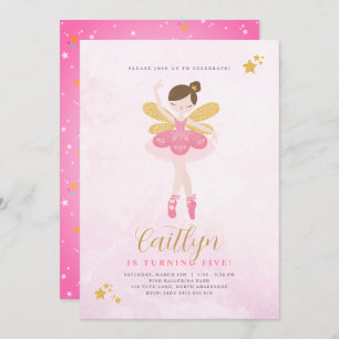 Sweet Pink & Gold Ballerina Fairy Birthday Einladung