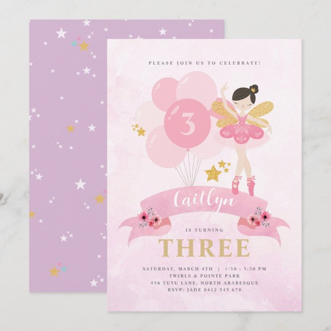 Sweet Pink & Gold Ballerina Fairy Birthday Einladung (Vorne/Hinten)