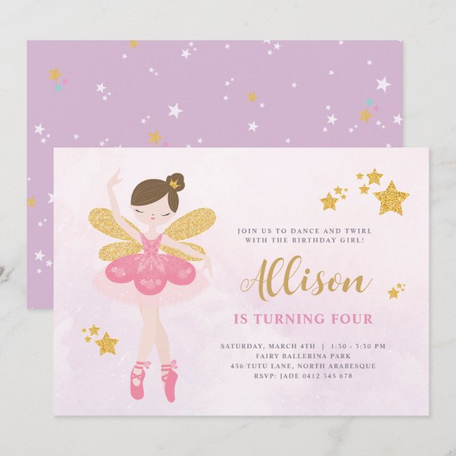 Sweet Pink & Gold Ballerina Fairy Birthday Einladung (Vorne/Hinten)