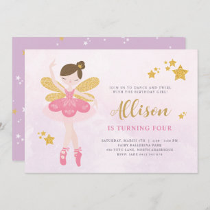 Sweet Pink & Gold Ballerina Fairy Birthday Einladung