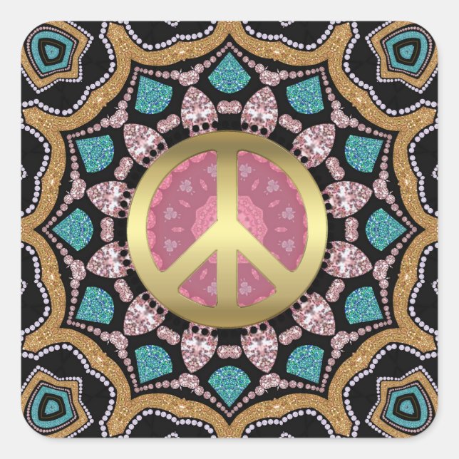Sweet Pink & Gold Groovy Peace Mandala Energy Gold Quadratischer Aufkleber (Vorderseite)
