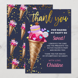 Sweet Pink Gold Ice Cream Birthday Navy Blau Dankeskarte