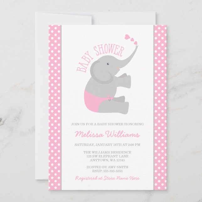 Sweet Pink Gray Elephant Baby Shower Einladungen (Vorderseite)
