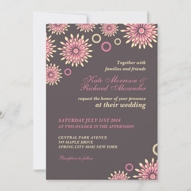 Sweet Pink Gray floral Muster Einladung Hochzeit (Vorderseite)