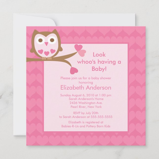 Sweet Pink Heart Owl Babydusche Einladung (Vorderseite)
