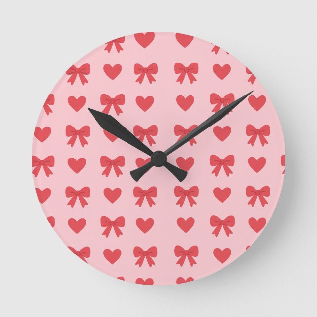 Sweet Pink Hearts & Bows Pattern Runde Wanduhr (Vorderseite)