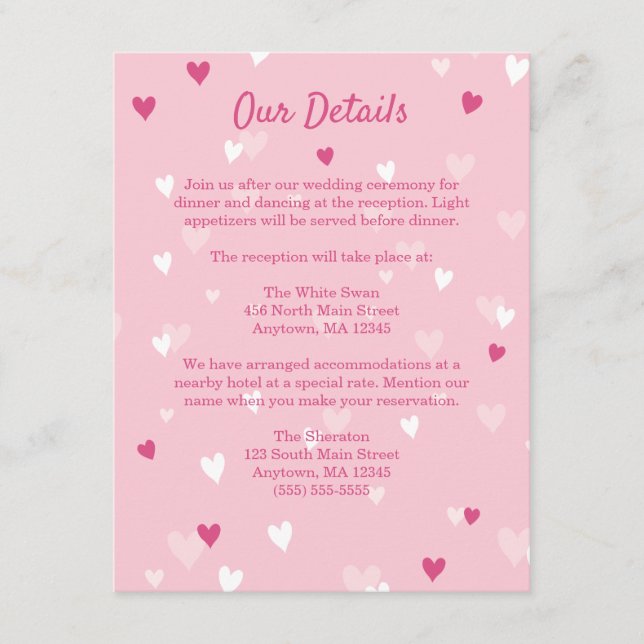 Sweet Pink Hearts Valentine Wedding Begleitkarte (Vorderseite)