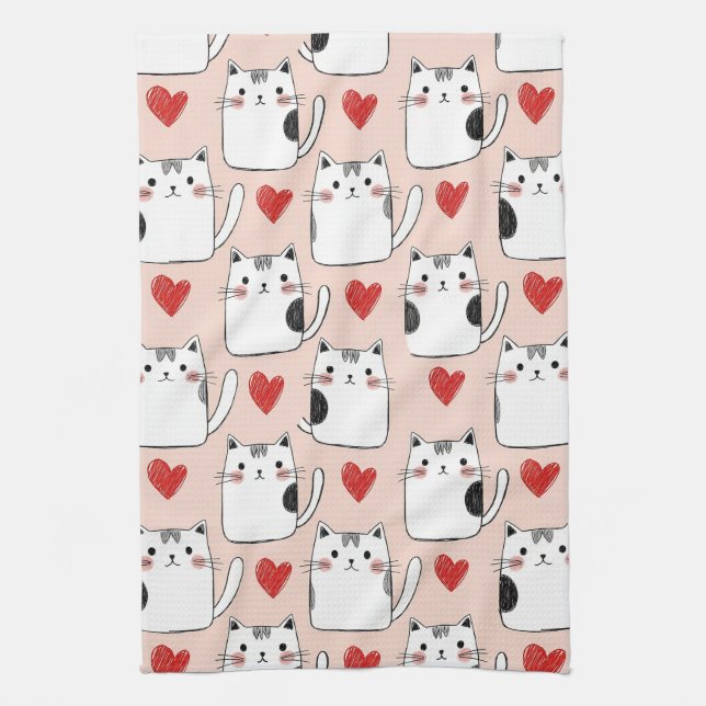 Sweet Pink Kawaii Cats & Hearts Pattern (5) Geschirrtuch (Vertikal)