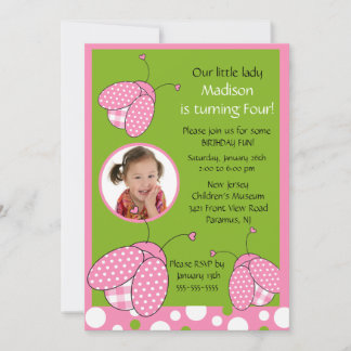 Sweet Pink Ladybug Foto Geburtstag Einladung