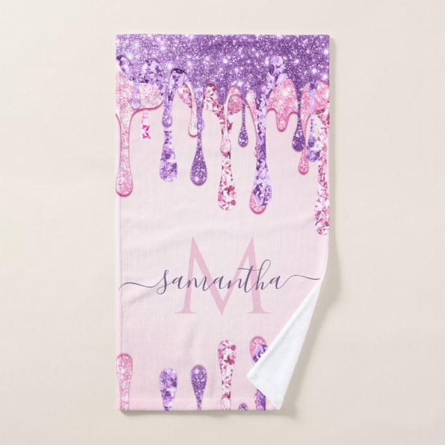 Sweet Pink Lila Glitzer Dripping Girly Monogram Badhandtuch Set (Handtuch)