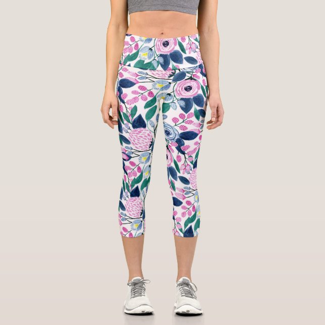 Sweet Pink Navy Blume Aquarellmuster Capri Leggings (Vorderseite)