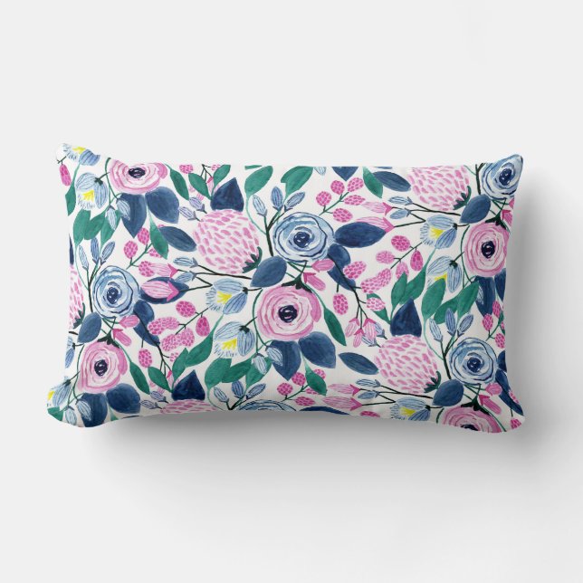 Sweet Pink Navy Blume Aquarellmuster Lendenkissen (Vorderseite)