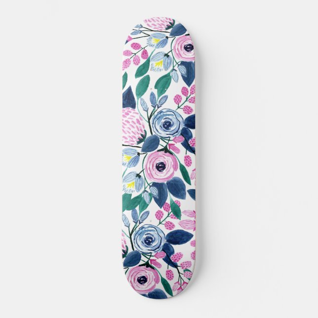 Sweet Pink Navy Blume Aquarellmuster Skateboard (Vorderseite)