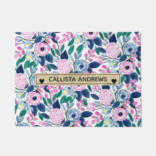 Sweet Pink Navy Blume Watercolor Gold Monogram Fußmatte