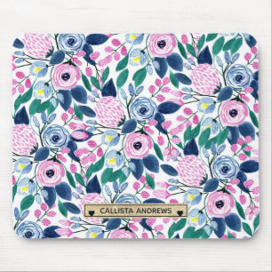 Sweet Pink Navy Blume Watercolor Gold Monogram Mousepad
