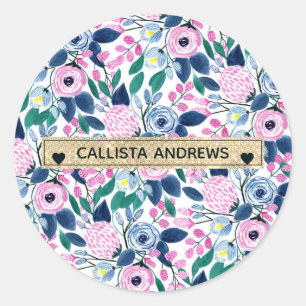 Sweet Pink Navy Blume Watercolor Gold Monogram Runder Aufkleber