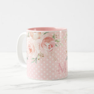 Sweet Pink Polka Dots Blush Rose Blumenmonogramm Zweifarbige Tasse