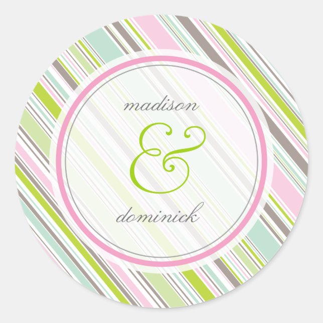 Sweet Pink Preppy Garden Stripes Wedding Sticker (Vorderseite)