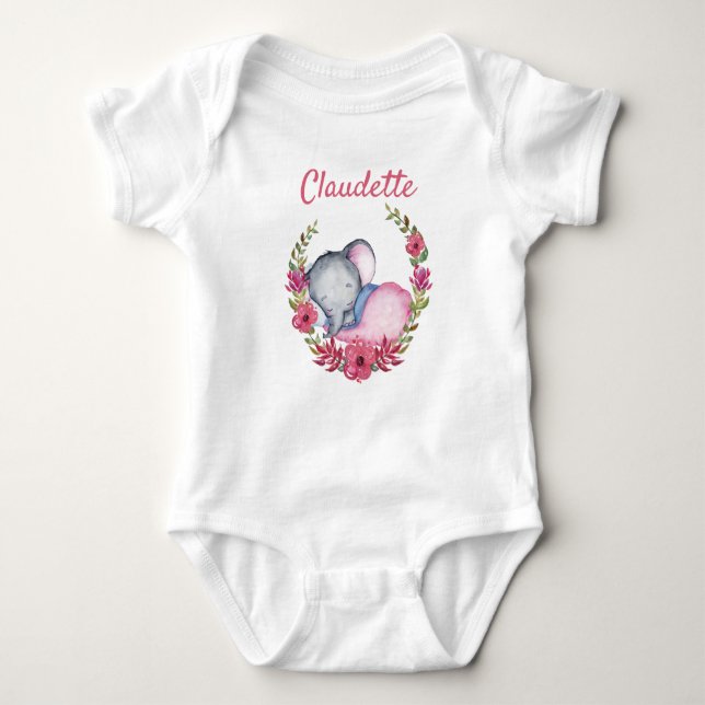 Sweet Pink Rose Floral Baby Elephant Girls Baby Strampler (Vorderseite)