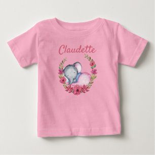 Sweet Pink Rose Floral Baby Elephant Girls T-shirt