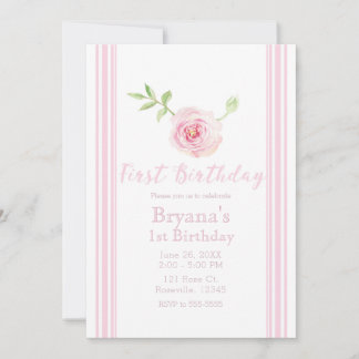 Sweet Pink Rose Floral Girls Erster Geburtstag Einladung