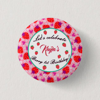 Sweet Pink Strawberry First Birthday Girl Party Button