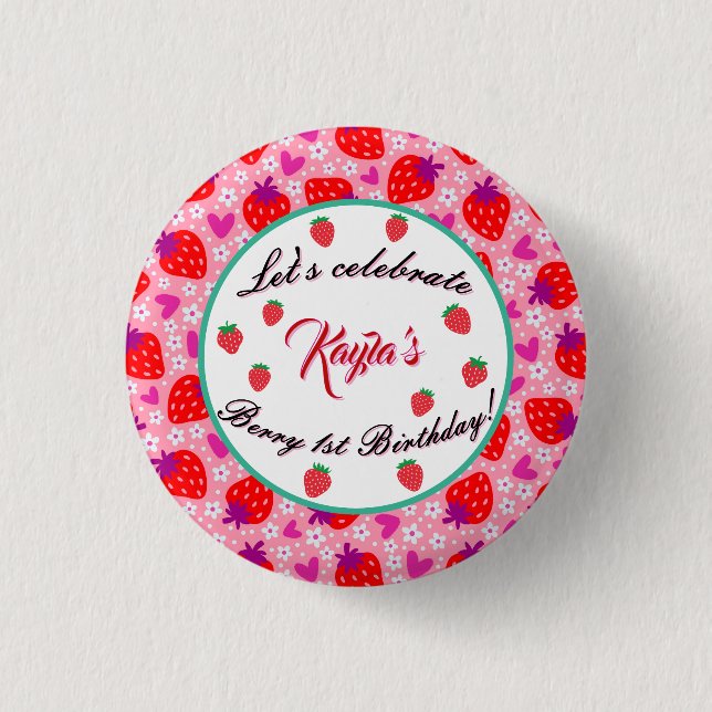 Sweet Pink Strawberry First Birthday Girl Party Button (Vorderseite)