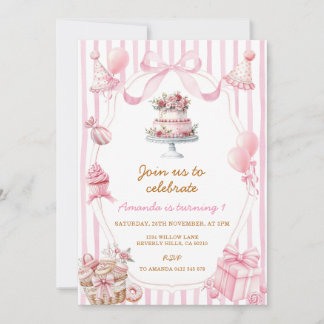 Sweet Pink Stripe Bow Girl Birthday Invitation Einladung