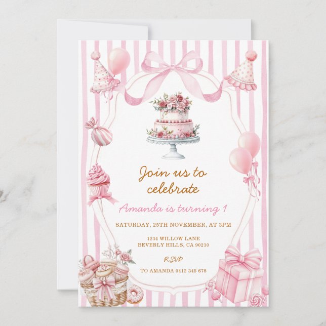 Sweet Pink Stripe Bow Girl Birthday Invitation Einladung (Vorderseite)
