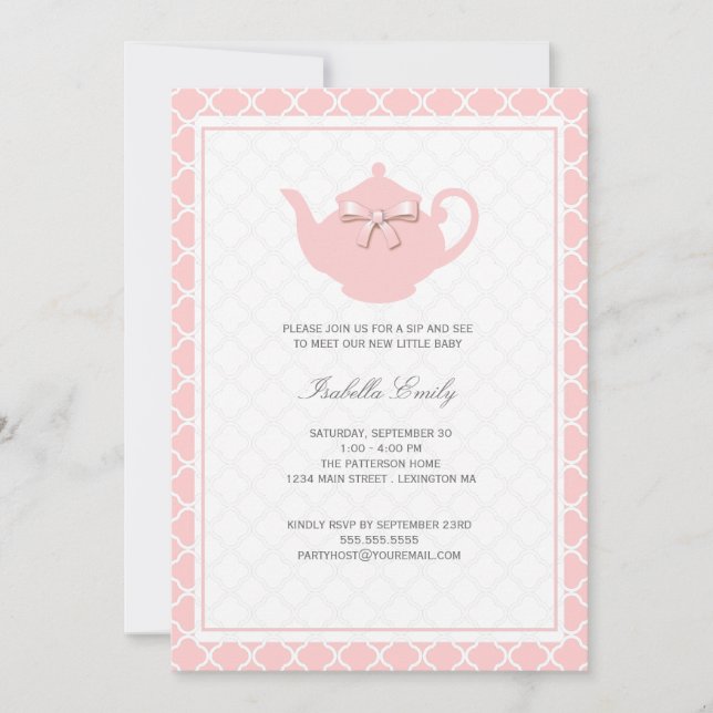 Sweet Pink Teapot Baby Sip & See Tea Party Einladung (Vorderseite)