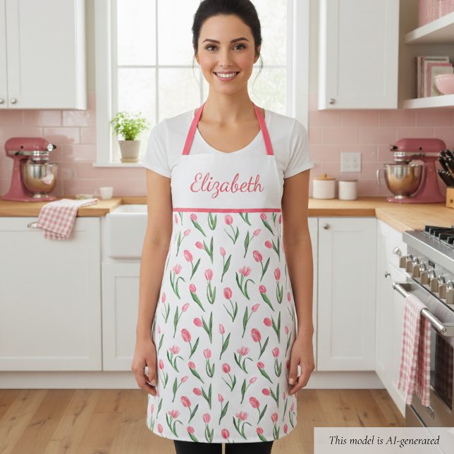 Sweet Pink Tulip Floral Schürze (sweet girly cute coquette pink tulip floral apron with custom name in script calligraphy)