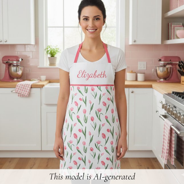 Sweet Pink Tulip Floral Schürze (sweet girly cute coquette pink tulip floral apron with custom name in script calligraphy)