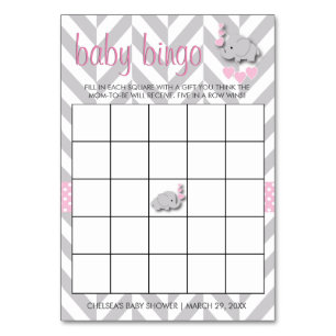 Sweet Pink und Gray Elephant Baby Shower Bingo Tischnummer