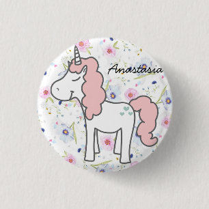 Sweet Pink Unicorn, Blume und Ihr Name Button