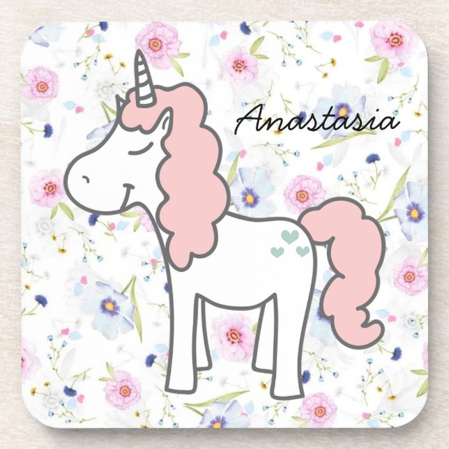 Sweet Pink Unicorn, Blume und Ihr Name Getränkeuntersetzer (Vorderseite)