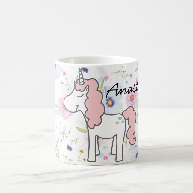 Sweet Pink Unicorn, Blume und Ihr Name Kaffeetasse (Mittel)